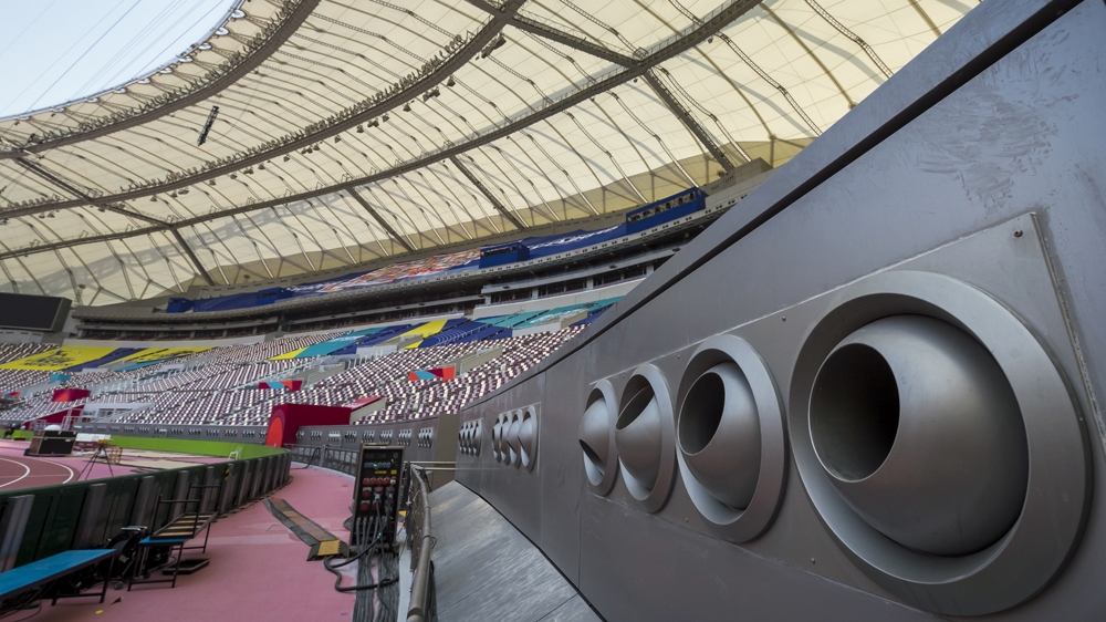 Nozzles that are part of the cooling system inside Khalifa International Stadium