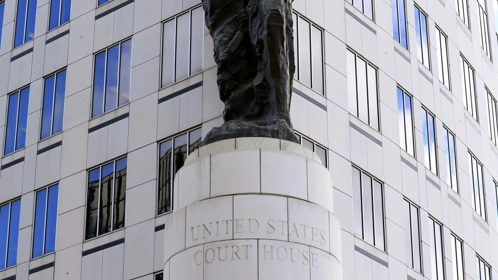 A view of the statue standing in front of the U.S. District Courthouse in Cleveland