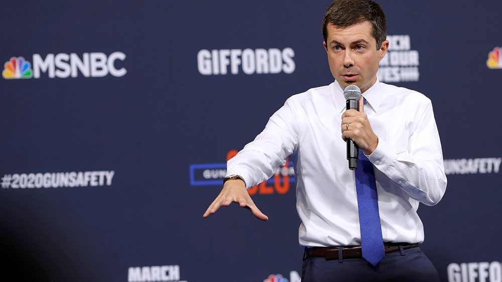 US Democratic presidential candidate and mayor of South Bend, Indiana, Pete Buttigieg speaks during a forum held by gun safety organisations the Giffords group and March For Our Lives in Las Vegas