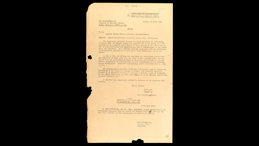 Heinrich Himmler, ‘Posted Prohibitions Concerning Poles, Jews, and Gypsies’ March 10, 1944. Translation from the Nuremberg War Crimes trials [Wiener Holocaust Library Collections]