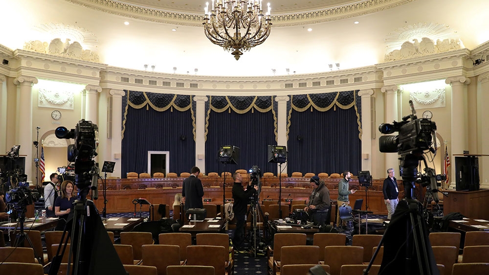 Television news crews set up for live reports ahead of Trump impeachment inquiry testimony