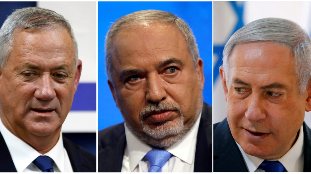 A combination picture shows Blue and White party leader Benny Gantz, Yisrael Beitenu party leader Avigdor Lieberman and Israeli Prime Minister Benjamin Netanyahu