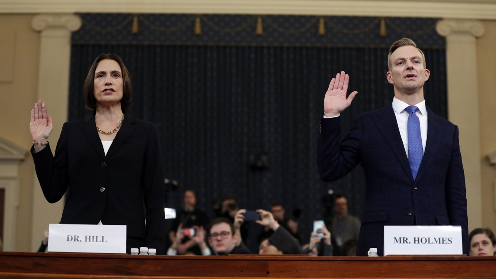 Former White House national security aide Fiona Hill and David Holmes, a US diplomat in Ukraine, are sworn in to testify before the House Intelligence Committee.
