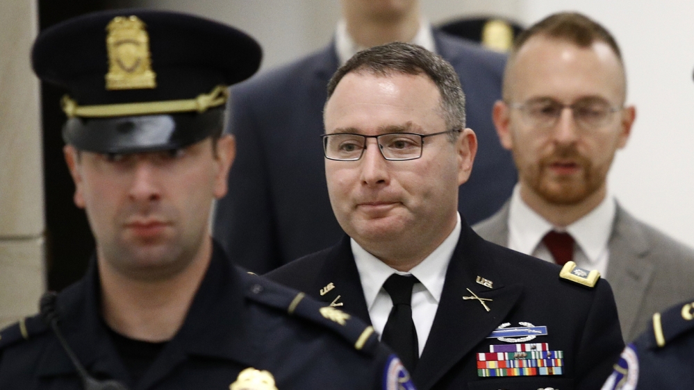Vindman, a military officer at the National Security Council, departs a closed-door meeting after testifying as part of the House impeachment inquiry into President Donald Trump