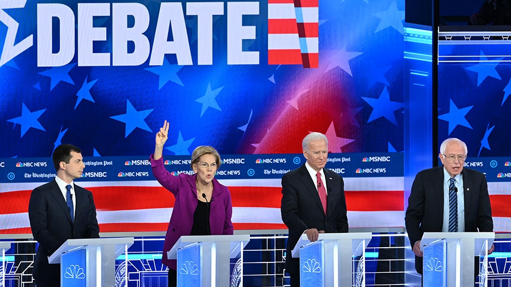 Democratic presidential hopefuls Senator Amy Klobuchar, Mayor of South Bend, Indiana, Pete Buttigieg, Senator Elizabeth Warren, Former Vice President Joe Biden and Senator Bernie Sanders participate in the fifth Democratic primary debate