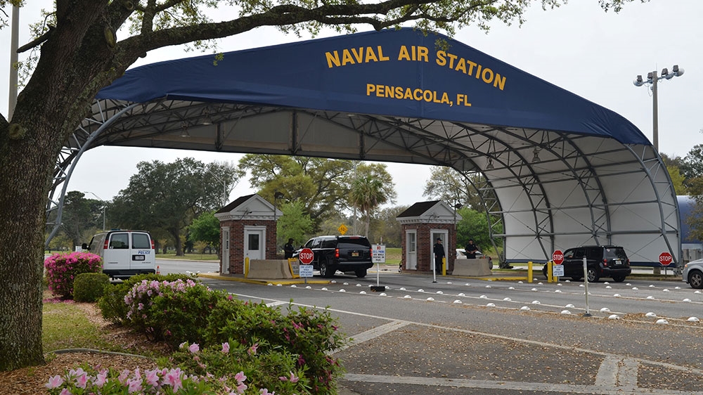 The main gate at Naval Air Station Pensacola is seen on Navy Boulevard in Pensacola, Florida
