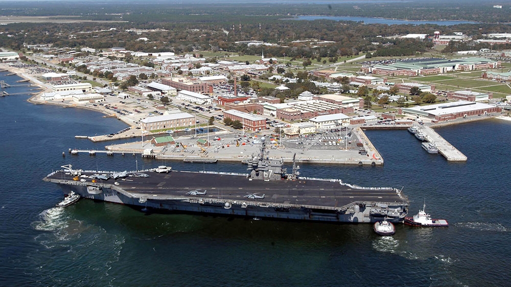 The aircraft carrier USS John F Kennedy arrives for exercises at Naval Air Station Pensacola, Florida