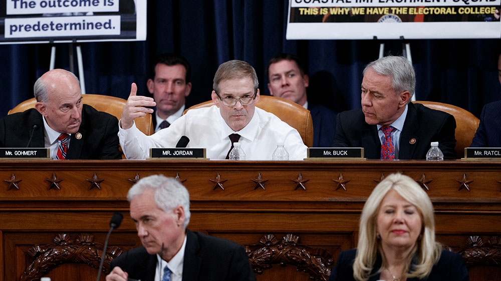 Republican Representative Jim Jordan delivers remarks during the House Judiciary Committee’s markup of articles of impeachment against Trump