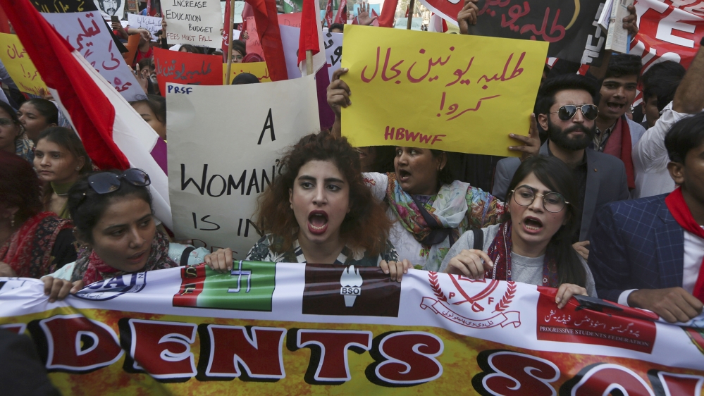 Pakistani students and civil society activists rally against ban on students' unions in Karachi, Pakistan, Friday, Nov. 29, 2019. Students backed by rights activists are holding rallies across the cou
