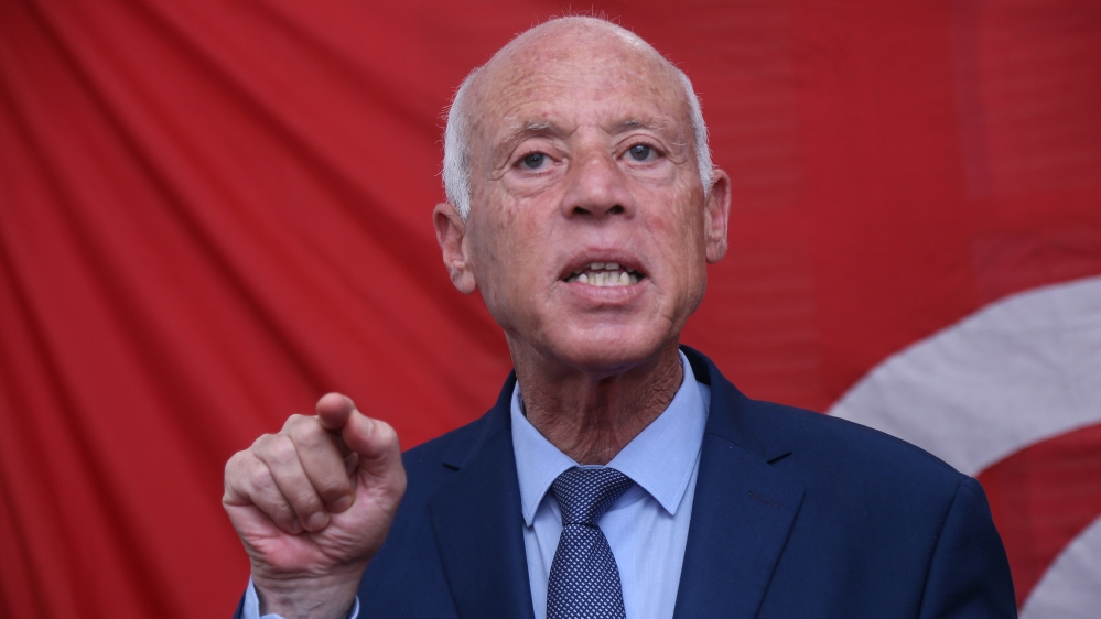 Tunisian president Kais Saied gestures as he speaks during a press conference in Tunis [Anis Mili/AFP]