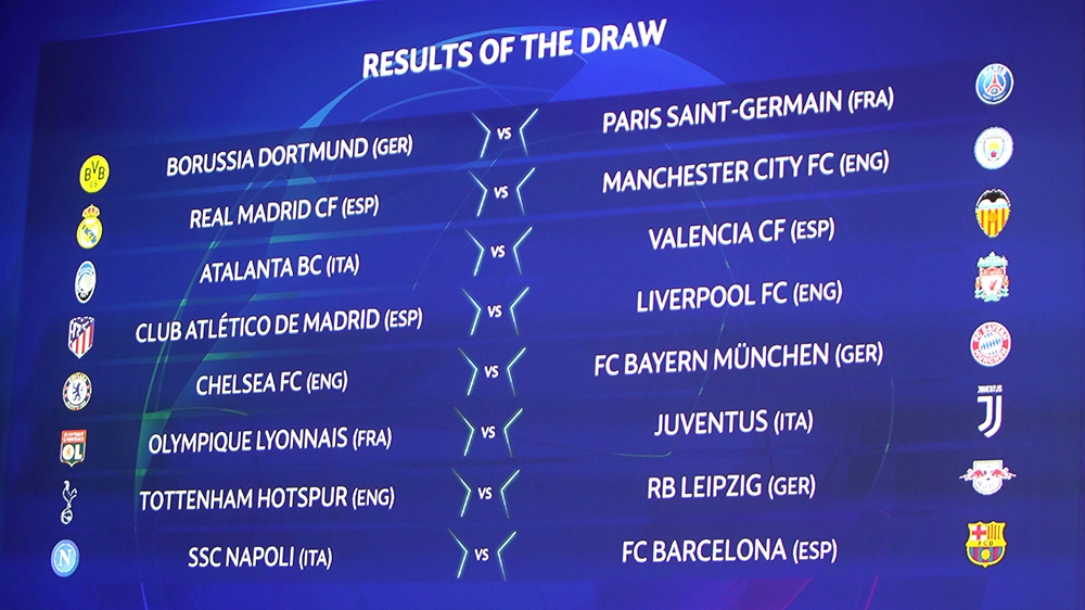 Soccer Football - Champions League - Round of 16 draw - Nyon, Switzerland - December 16, 2019 General view of the big screen showing the results of the draw REUTERS/Denis Balibouse