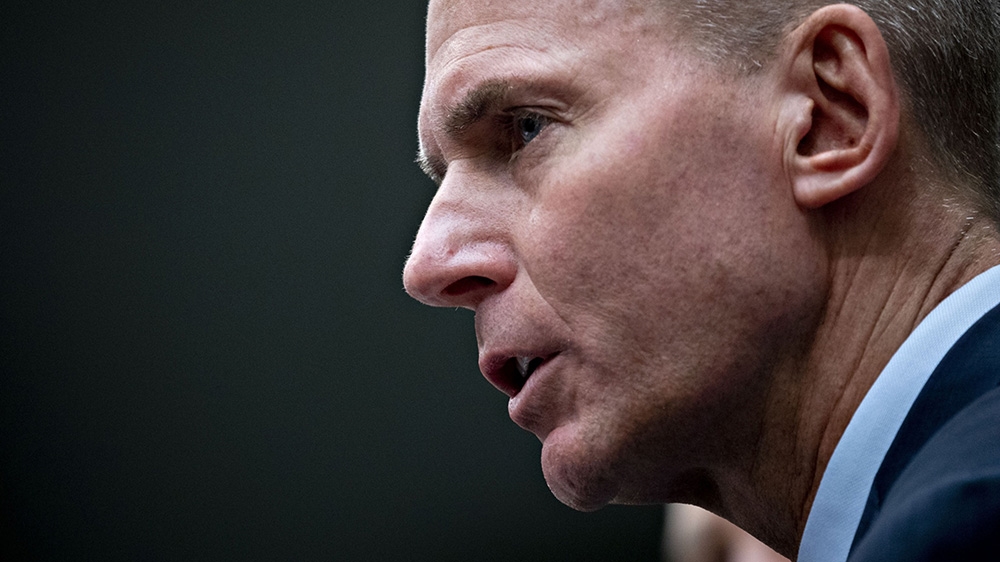 Dennis Muilenburg, chief executive officer of Boeing Co., speaks during a House Transportation and Infrastructure Committee hearing in Washington, D.C., U.S., on Wednesday, Oct. 30, 2019