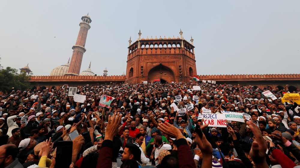 Demonstrators attend a protest against a new citizenship law, after Friday prayers at Jama Masjid in the old quarters of Delhi, India, December 20, 2019.