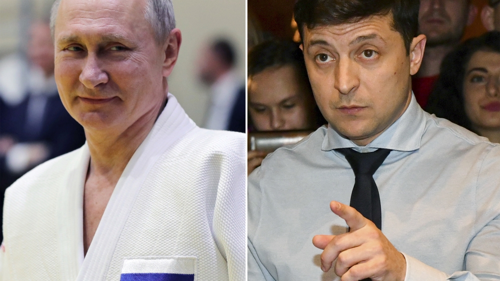 Russia’s Putin, left, and Ukraine’s Zelenskyy, right