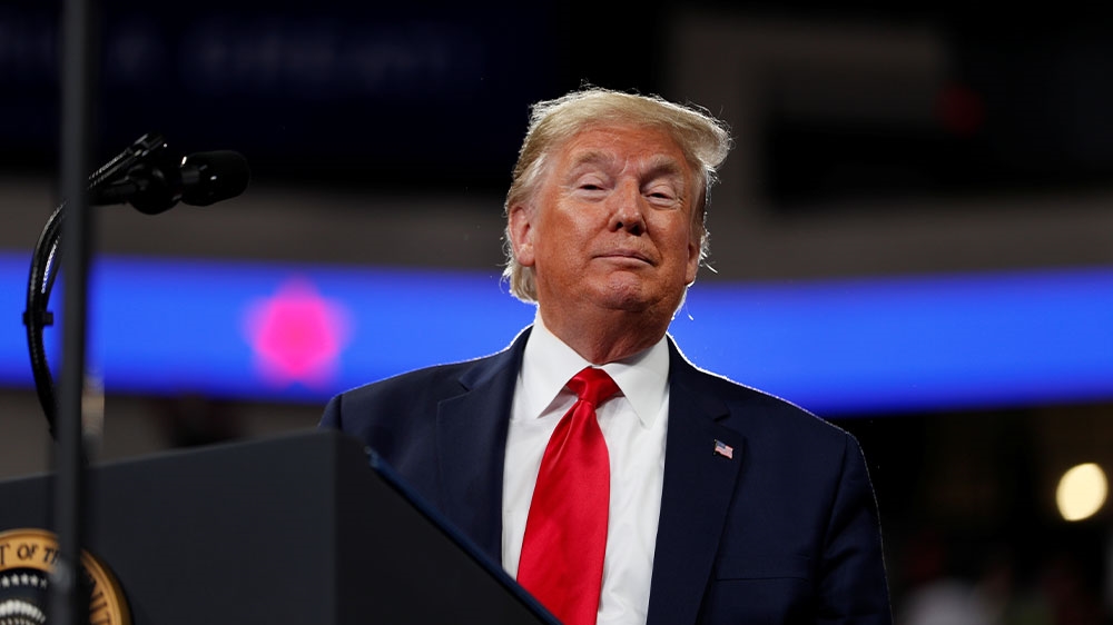 US President Donald Trump delivering remarks during a campaign rally at the Giant Center in Hershey, Pennsylvania, US