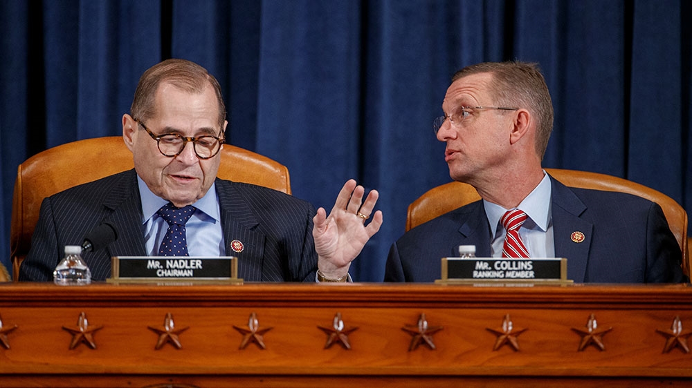 House Judiciary Committee Chairman Jerry Nadler (L), with House Judiciary Committee ranking member Doug Collins (R), delivers opening remarks during the House Judiciary Committee’s markup of articles of impeachment