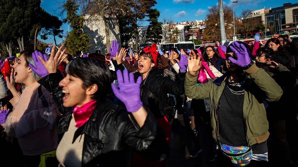 Women take part in a choreographed performance originated to protest against gender violence and patriarchy Istanbul, Turkey