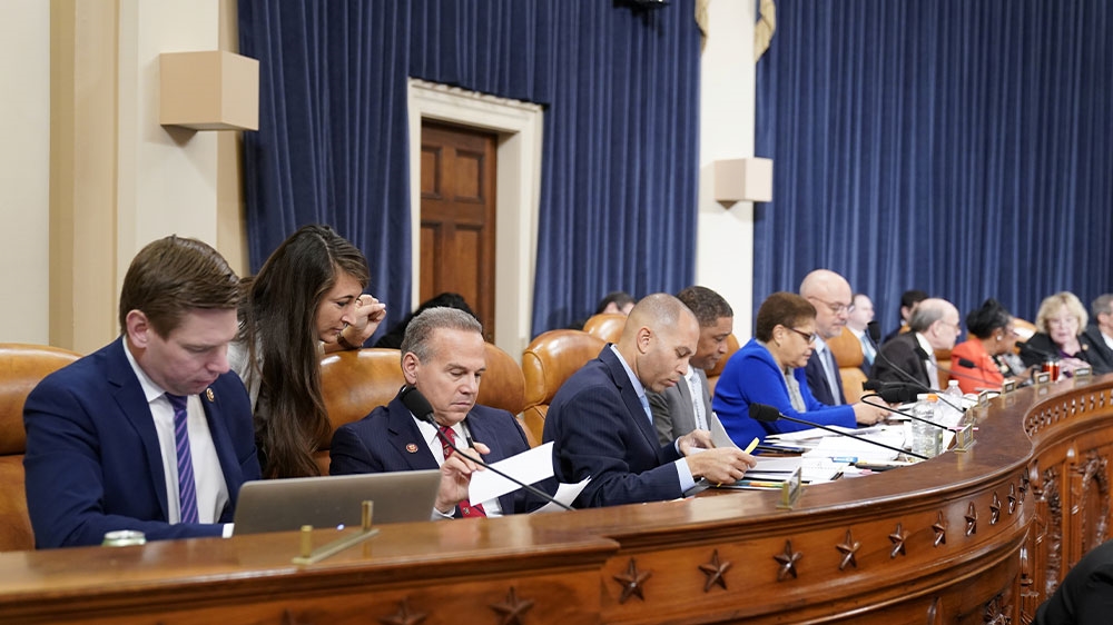 Committee members sitting as the House Judiciary Committee continues its markup of articles of impeachment against US President Donald Trump on Capitol Hill in Washington, US