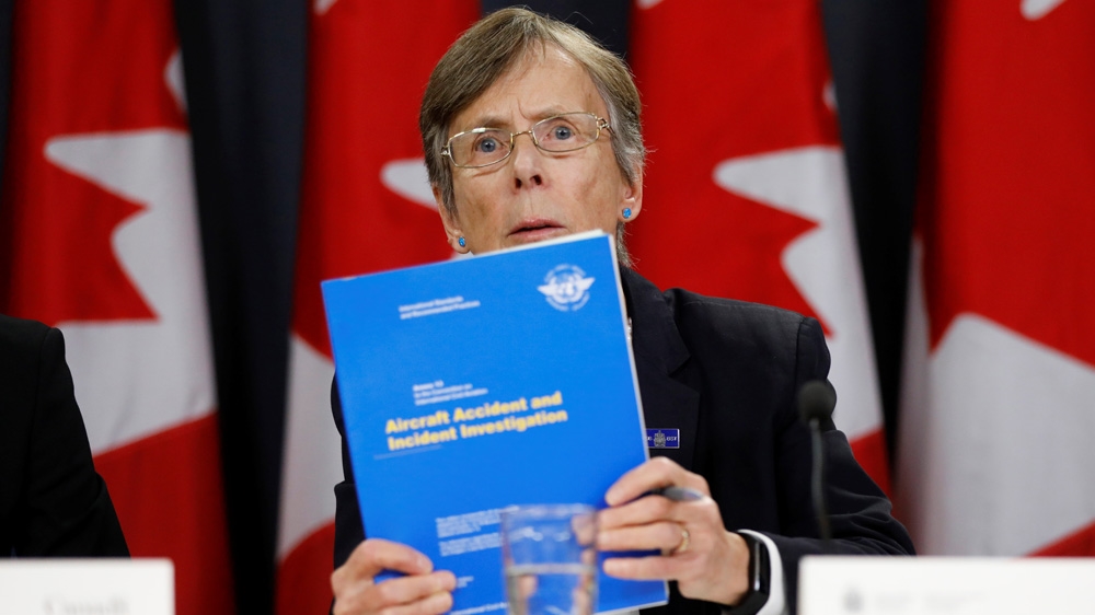 Transportation Safety Board Chair Kathy Fox speaking during a news conference in Ottawa, Ontario, Canada