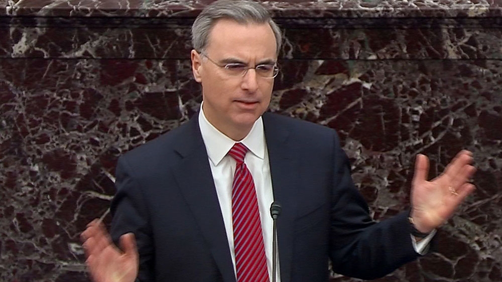 White House counsel Pat Cipollone speaks during opening arguments in the US Senate impeachment trial Trump