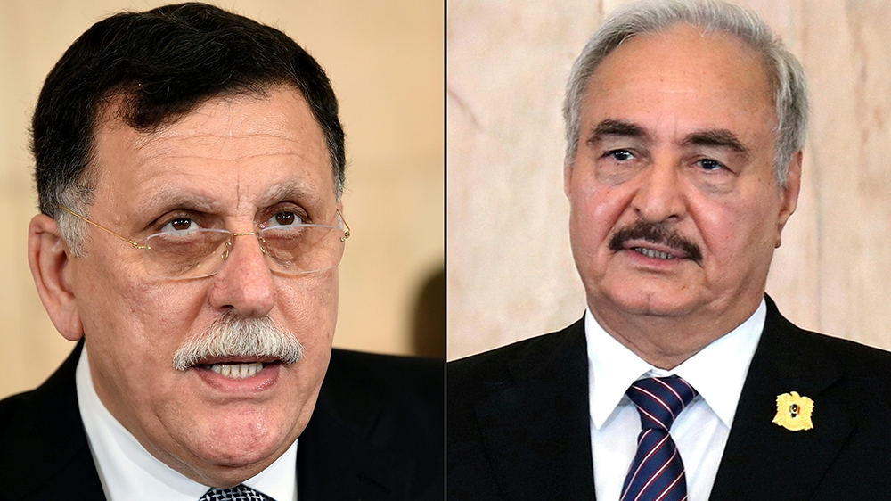  This combination of pictures created on January 12, 2020 shows Libya's UN-backed Prime Minister Fayez al-Sarraj speaking during a press conference in the capital Tunis on August 7, 2017 and Libyan Ge
