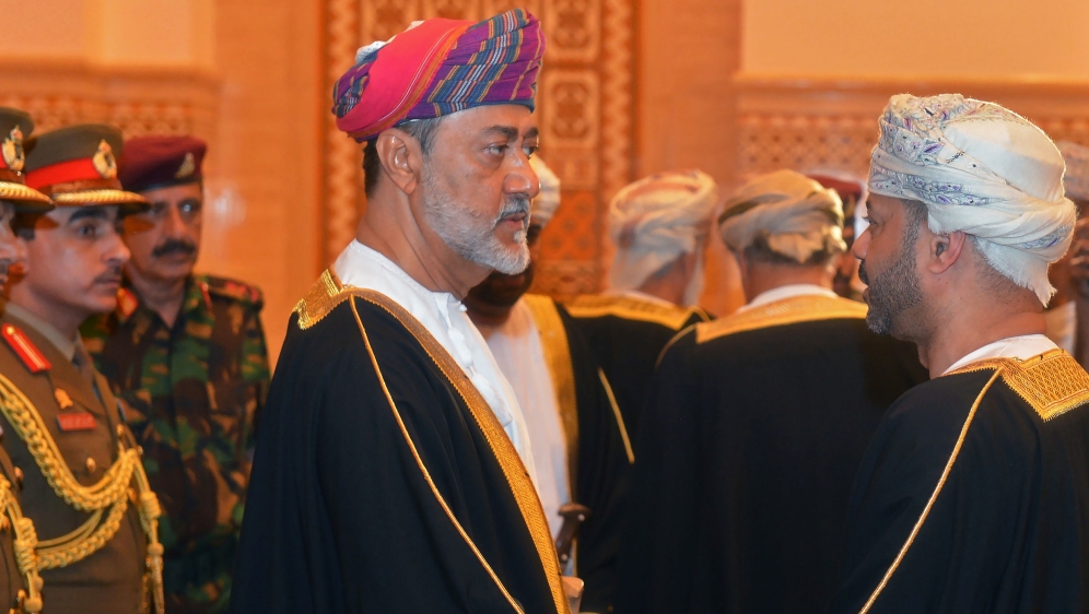 Oman’s newly sworn-in Sultan Haitham bin Tariq Al Said receives condolences during the funeral of his cousin, the late Sultan Qaboos, in Muscat