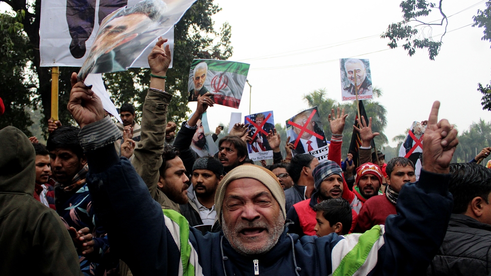 Dozens of people took part in a march protesting against the killing of Soleimani in New Delhi