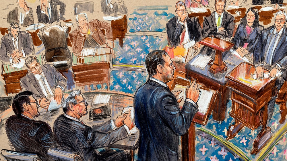 This artist sketch depicts impeachment manager Schiff presenting an argument in the impeachment trial of President Donald Trump