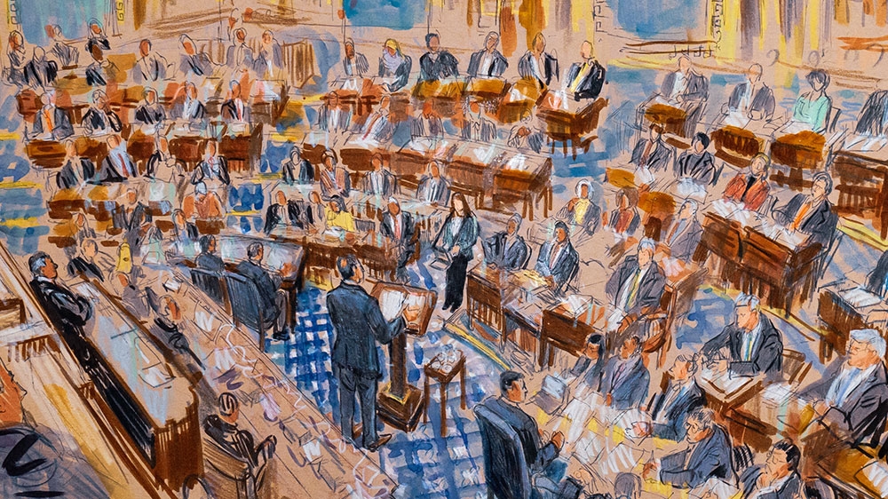 This artist sketch depicts White House counsel Pat Cipollone speaking in the Senate chamber during the impeachment trial against President Donald Trump