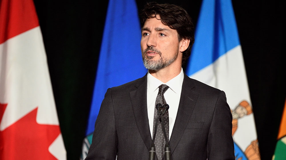 Canadian Prime Minister Justin Trudeau speaking during a memorial service at the University of Alberta for the victims of the Ukrainian passenger plane that crashed in Iran, in Edmonton, Alberta, Canada