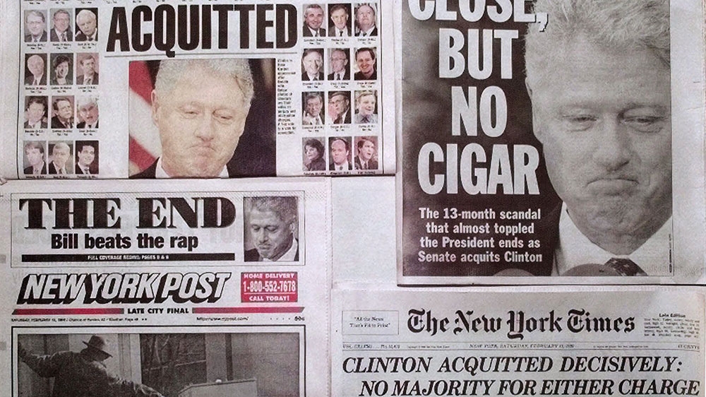 The Saturday, February 13, 1999, editions of Newsday, Daily News, the New York Post and The New York Times feature the acquittal of President Clinton on their front pages