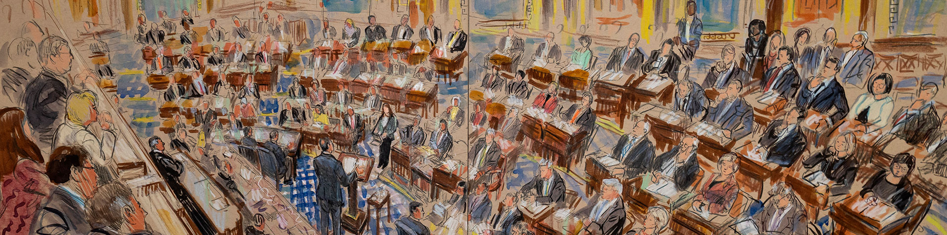 This artist sketch depicts White House counsel Pat Cipollone speaking in the Senate chamber during the impeachment trial against President Donald Trump