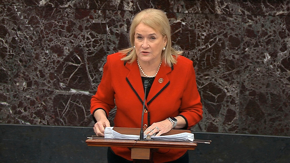 House manager Democratic Representative Sylvia Garcia, speaking during the impeachment trial against President Donald Trump in the Senate at the US Capitol in Washington [Senate Television via AP]