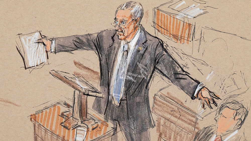 This artist sketch depicts Senate Minority Leader Chuck Schumer speaking in the Senate chamber during the impeachment trial against President Donald Trump
