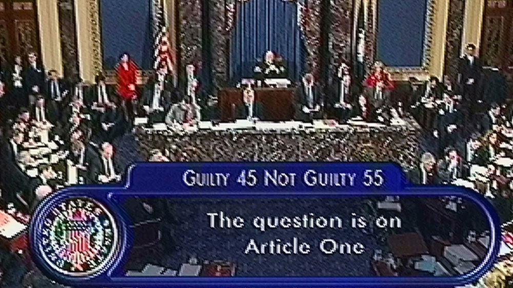The vote total, shown in this video image, of 55-45 shows the acquittal of President Clinton on the first article of impeachment that accused the president of perjury