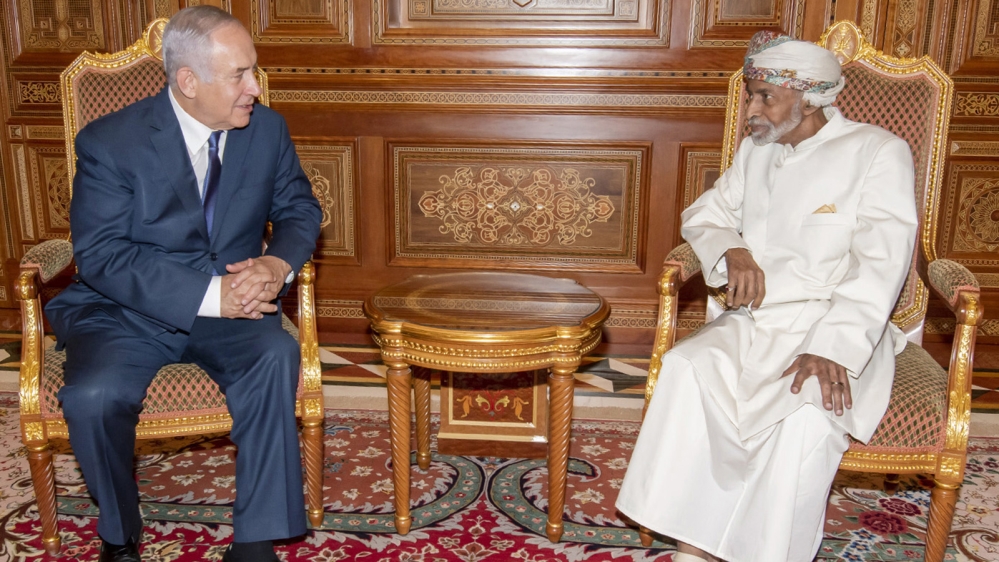 The late Sultan Qaboos bin Said Al Said, right, was lauded for his skills in diplomacy and willingness to meet leaders from all sides including Israeli Prime Minister Benjamin Netanyahu, left, who visited Oman in October 2018