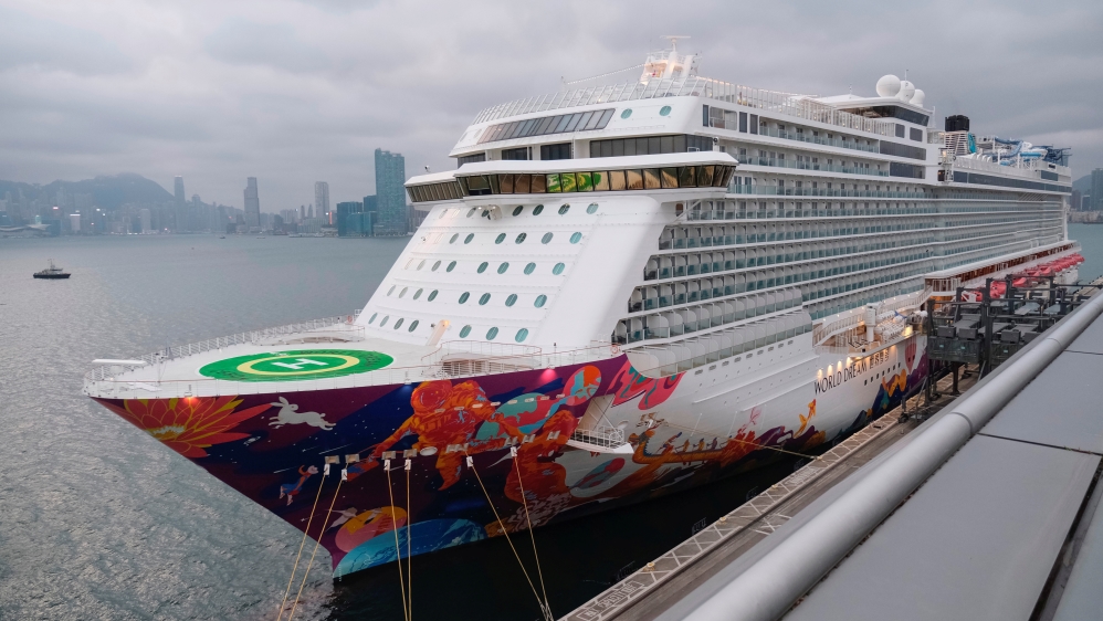 The World Dream cruise ship, which had been denied entry in Taiwan amid concerns of coronavirus infection on board, is seen docked at the Kai Tak Cruise Terminal in Hong Kong, China