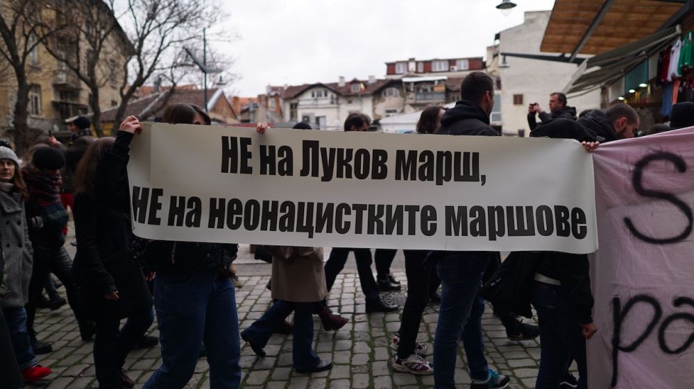 Anti-fascist activists marched and chanted ‘no to the Lukov March, no to neo-Nazi marches