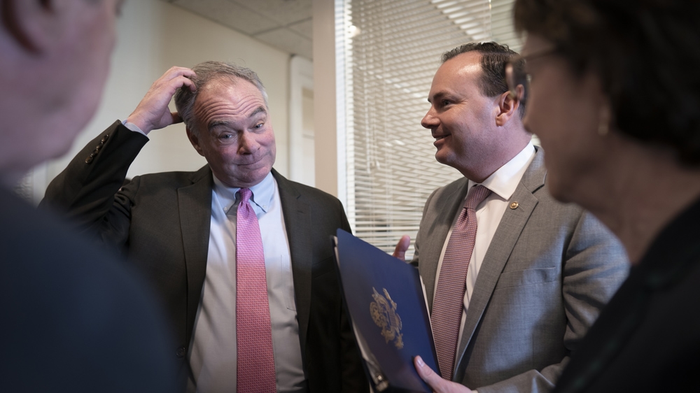 Senator Tim Kaine meets with colleagues after Iran War Powers Bill is passed in Senate