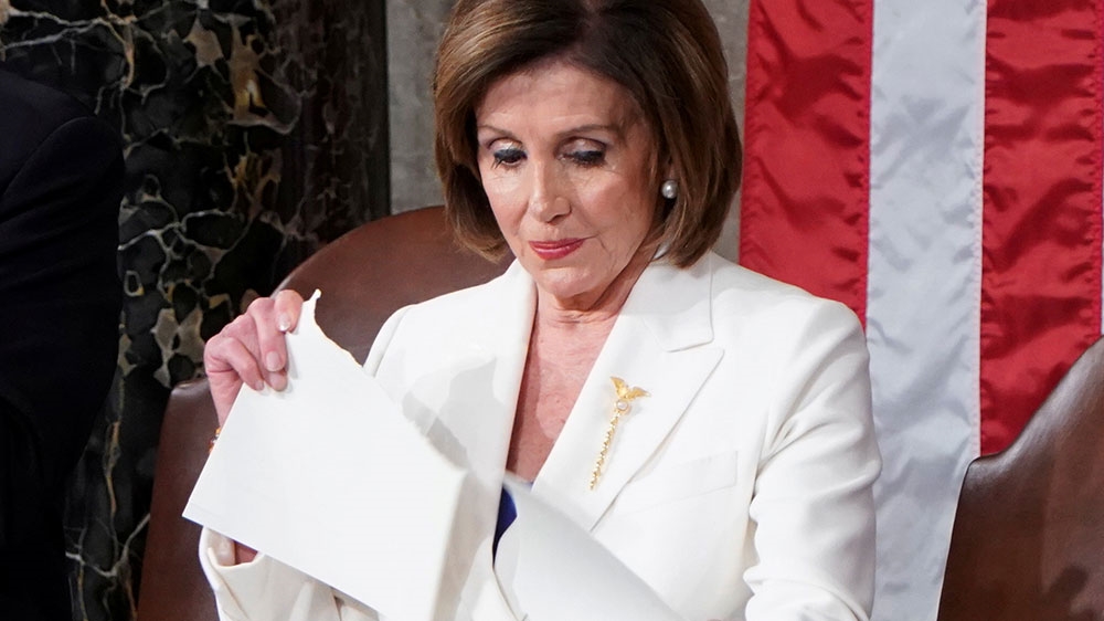 Speaker of the House Nancy Pelosi rips up US President Donald Trump’s speech following his State of the Union