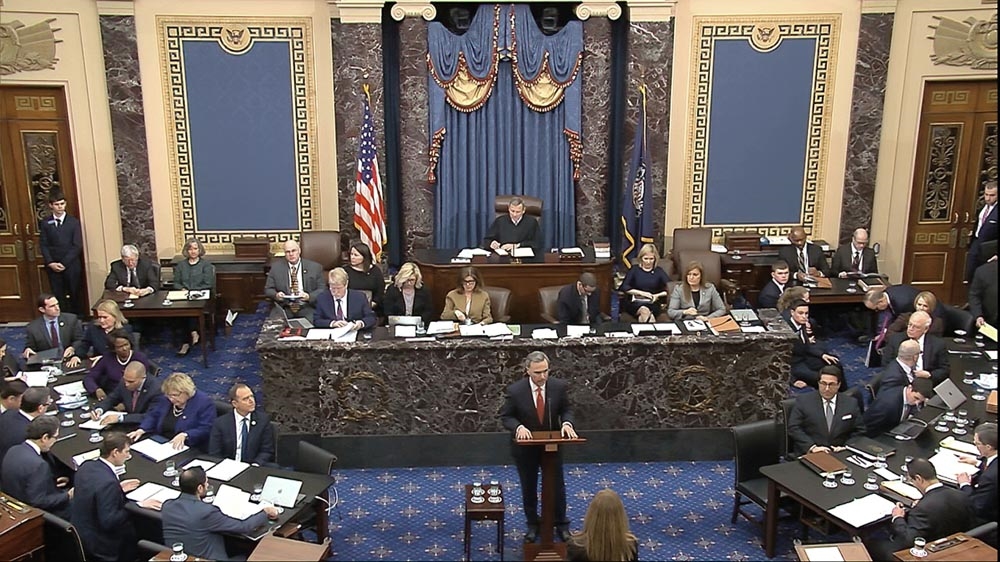 In this image from video, White House counsel Pat Cipollone speaks during closing arguments in the impeachment trial against President Donald Trump