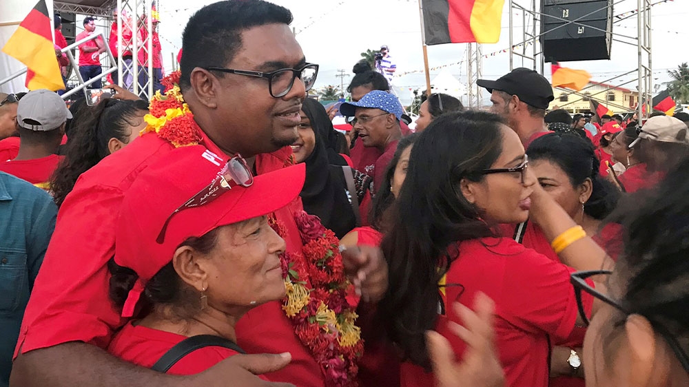 Irfaan Ali, presidential candidate for Guyana’s opposition People’s Progressive Party, meets with supporters in Georgetown, Guyana