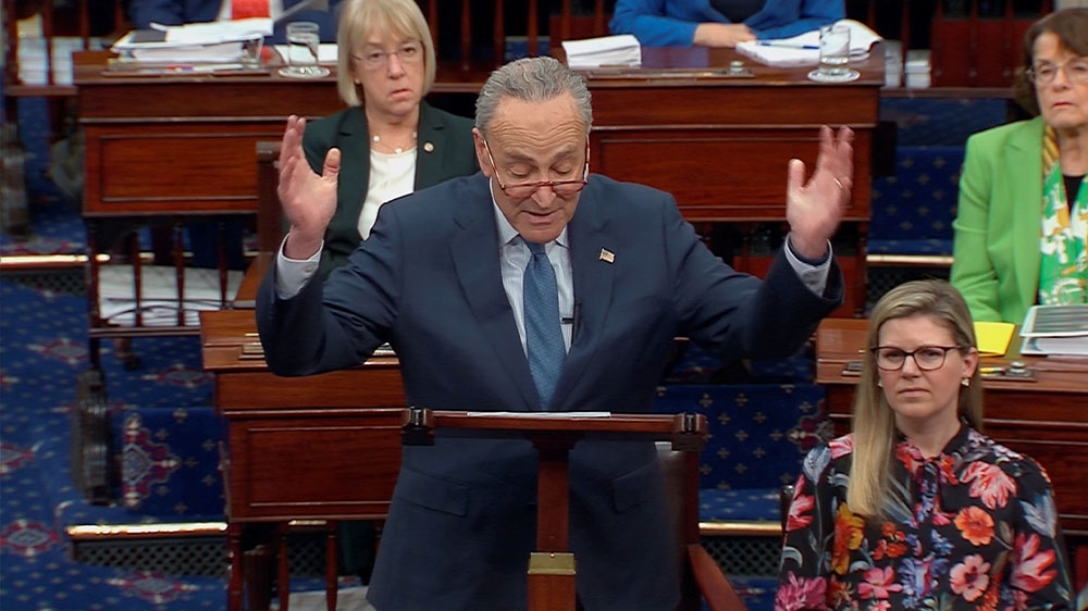 US Senate Minority Leader Chuck Schumer speaking ahead of the resumption and final votes in the impeachment trial of President Donald Trump