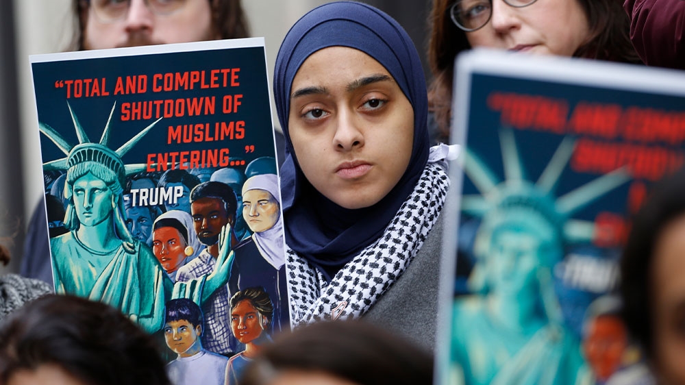 Protesters gathered outside the US’s 4th Circuit Court of Appeals in Richmond, Virginia against President Donald Trump’s travel ban on travellers from predominantly Muslim countries