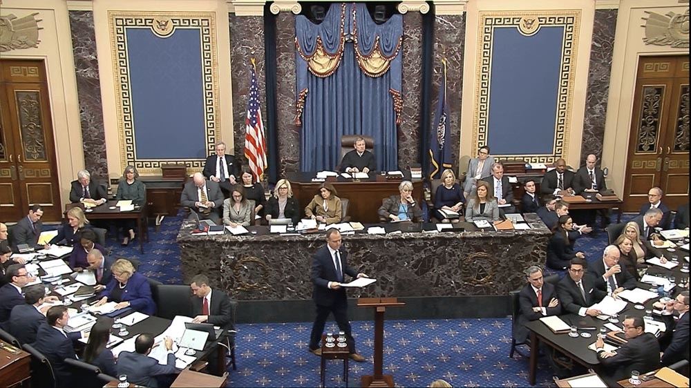 In this image from video, House impeachment manager Representative Adam Schiff speaks during closing arguments in the impeachment trial of Trump