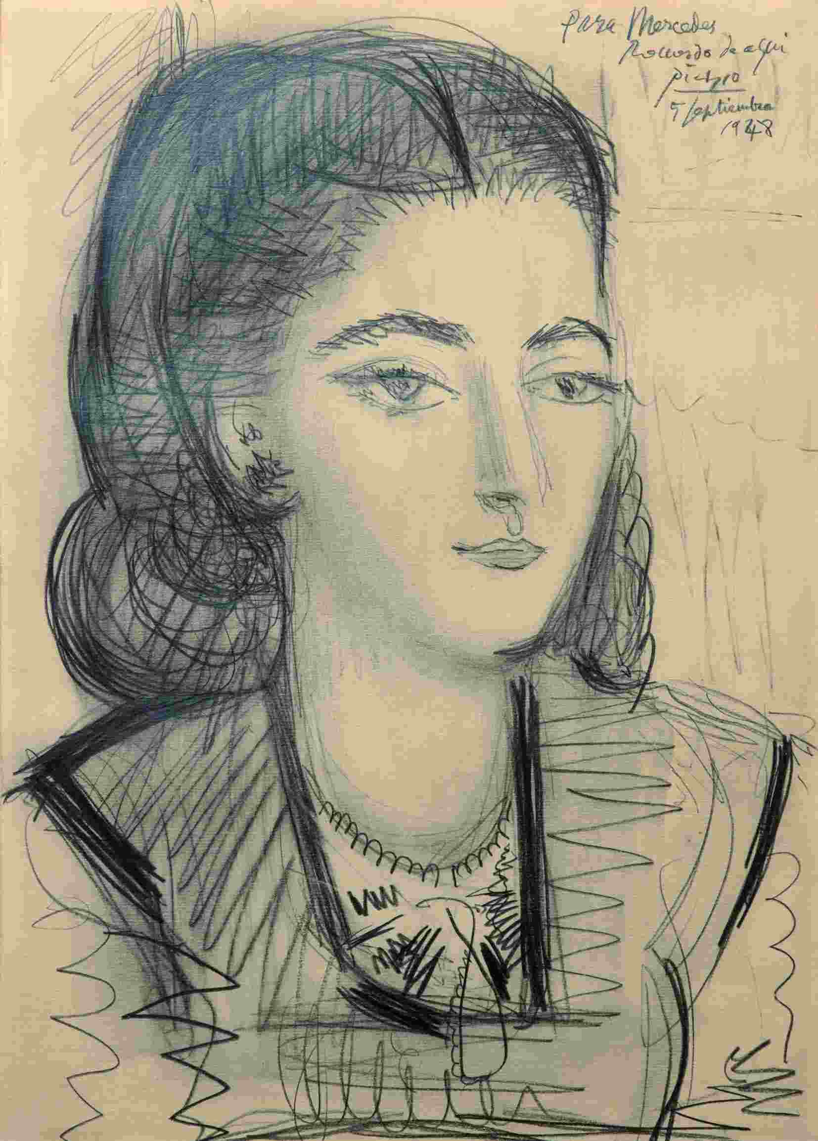 Pablo Picasso’s 1948 portrait of Mercedes Sanchez Cruz-Lopez, daughter of Manuel Sanchez Arcas, has never previously been on public display [Private collection]