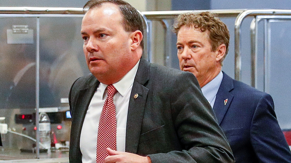 US Senators Mike Lee and Rand Paul depart a classified national security briefing of the US Senate on Soleimani strike.