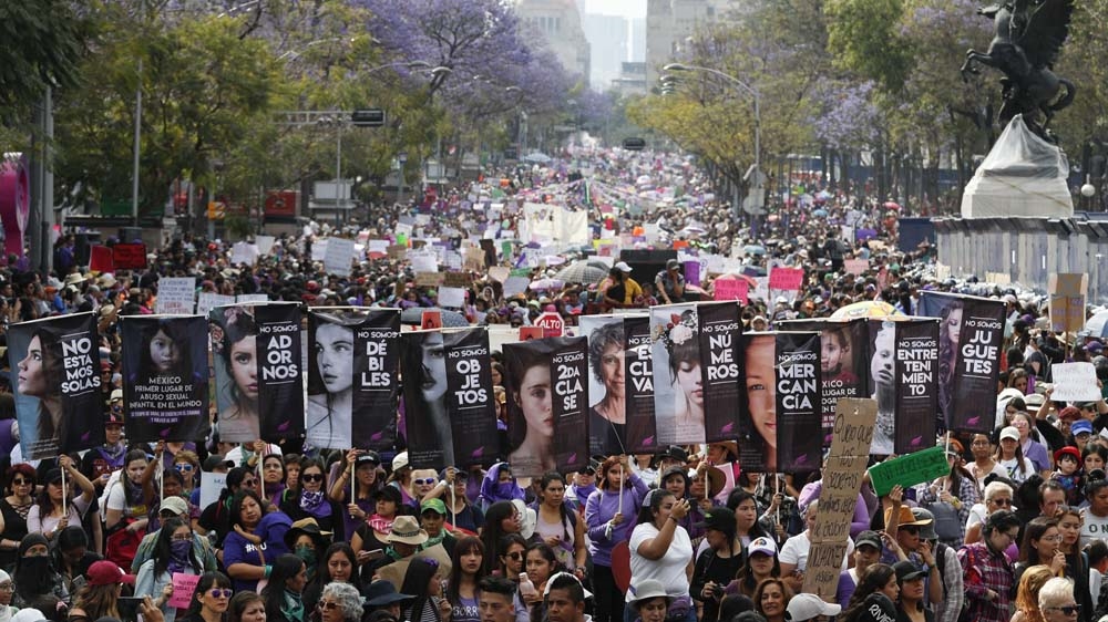 Women march during International Women’s Day in Mexico City