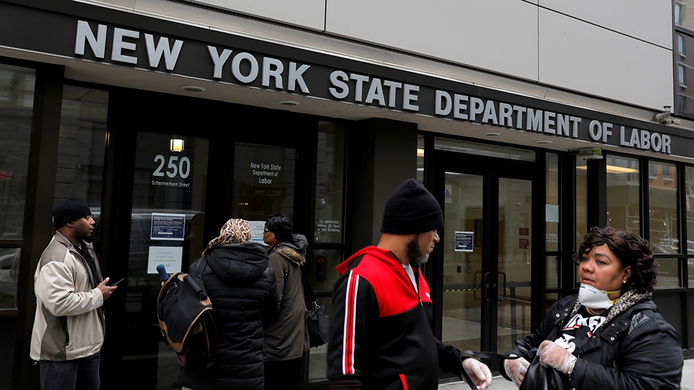 US unemployment insurance claims surged to a record three million last week File: Andrew Kelly/Reuters]