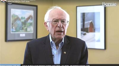 Former Democratic presidential contender Bernie Sanders addresses his supporters via live stream from his home in Burlington, Vermont on Wednesday [Credit: Sanders’ Campaign]